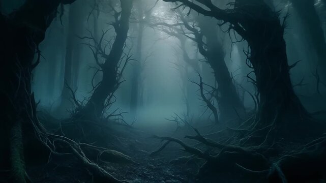 Dark mysterious forest with twisted leafless trees and thick swirling fog in a cinematic sequence