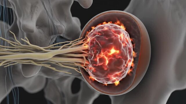 Ultra detailed macro 3D animation lumbar disc comparison normal versus herniated disc stable side and inflamed side bulging pressing sciatic nerve glowing red orange subtle pulsing motion clinical lig