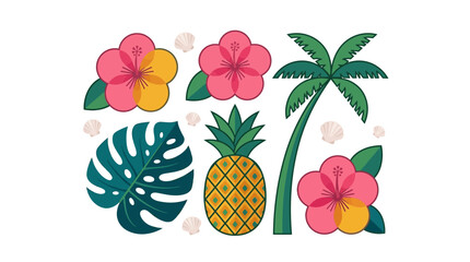 Tropical Summer Icon Set Featuring Hibiscus Flowers, Palm Tree, Pineapple, and Monstera Leaf Vector Illustration © Graphicnoell