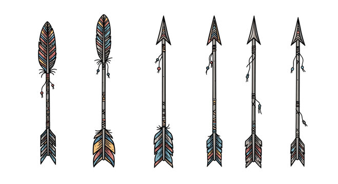 Set of six decorative arrows with colorful feathers and various tip shapes is shown in a detailed hand-drawn illustration style.