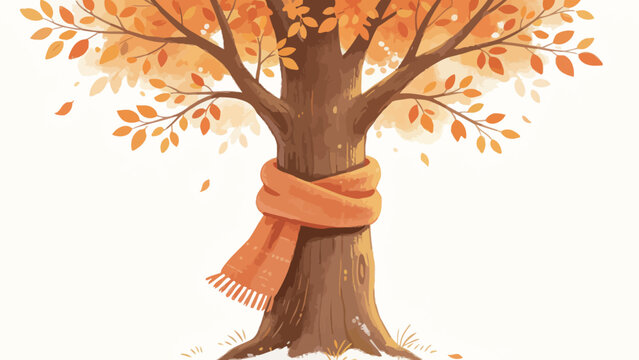 Whimsical Cozy Autumn Illustration of a Golden-Leaved Deciduous Tree Wrapped in a Warm Orange Knit Scarf, with Falling Autumn Leaves on a Clean Soft White Background