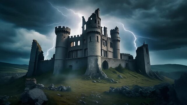 Ancient stone castle ruins standing under a dark stormy sky with bright lightning strikes hitting ground