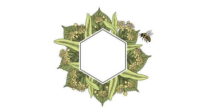 Hexagonal white frame adorned with a lush wreath of linden flowers and green leaves featuring a small honey bee flying in the air.
