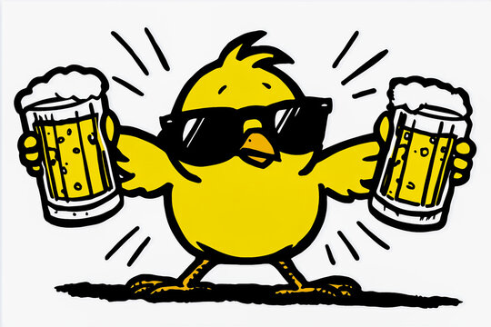 A chicken holds two cartoon-style beer mugs. on a white background