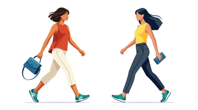 Flat Vector Illustration of Two Stylish Young Women Walking Past Each Other