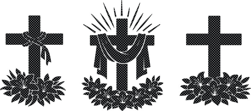 Religious cross vector icon set, Christian crosses with floral wreaths and draped fabric, spiritual symbols for faith, remembrance, and memorial designs