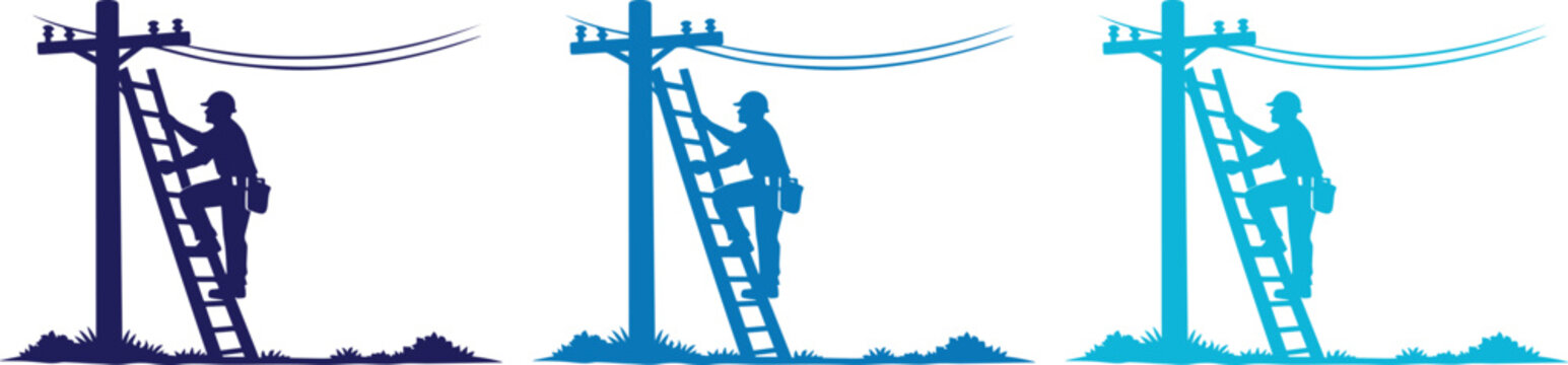 Electrician climbing power pole, utility worker silhouette, electrical maintenance and repair, energy infrastructure vector illustration, blue gradient design for industrial services.