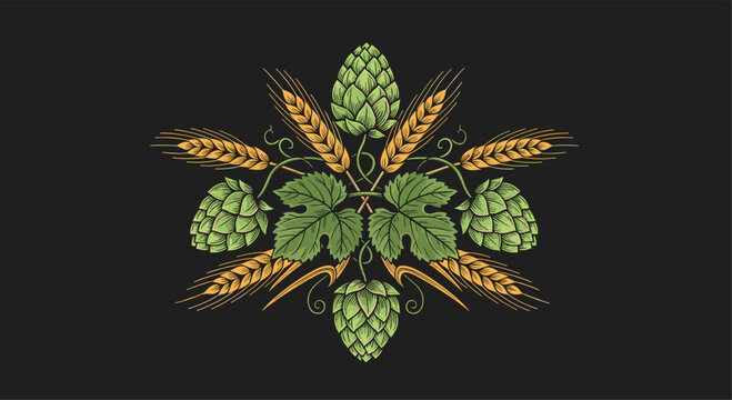 Symmetrical emblem on a dark background featuring green hops cones and golden wheat stalks arranged in a decorative fan shape.