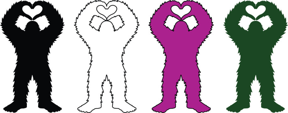 Bigfoot heart hands vector set, furry Sasquatch silhouette collection, mythical creature love gesture, fun monster graphic resource for apparel and branding