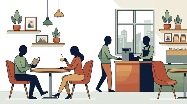 Modern Coffee Shop Interior Illustration with People Relaxing, Reading, and Ordering at the Counter - Flat Vector Design