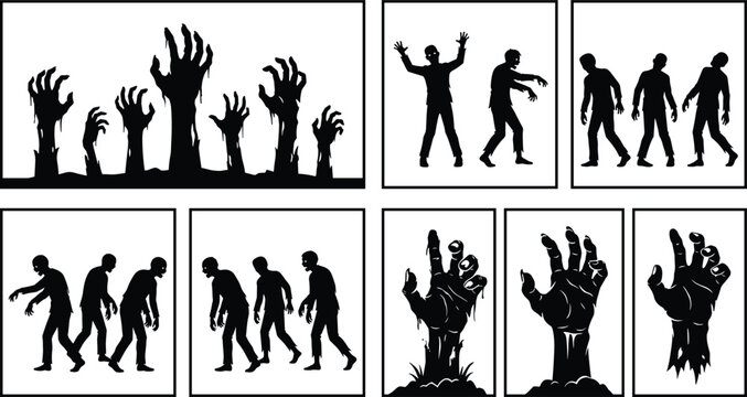 Zombie Silhouette Collection with Creepy Walking Dead Characters and Horror Hands Isolated for Halloween Design Projects