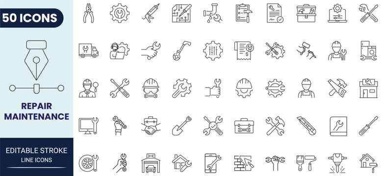 Repair and maintenance icon set in outline style. Collection of repair, maintenance, tools, service, technician, and engineering icons. Editable stroke. Vector icon collection.