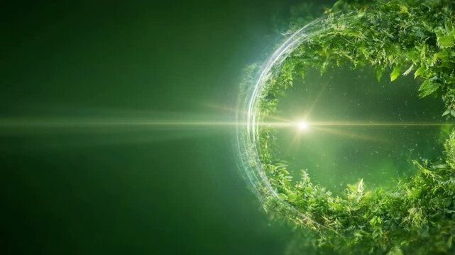 Abstract Green Earth Swirl: A luminous green orb formed from lush foliage and swirling light energy represents a vibrant, eco-conscious planet, suggesting growth, renewal, and sustainable future.