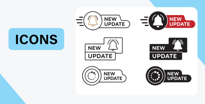 New update notification icon set, software upgrade and alert badges.elements for "New Update" notifications featuring bell and loading symbols.Set of notification buttons and labels for app upgrades i