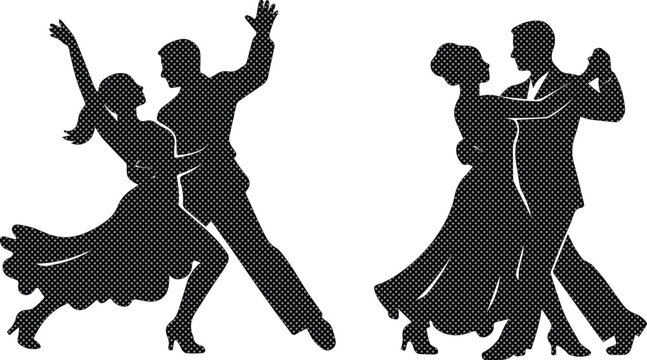 Dynamic ballroom dancing couple silhouettes, elegant dance partners in motion, romantic social dance vector art for event invitations and studio branding