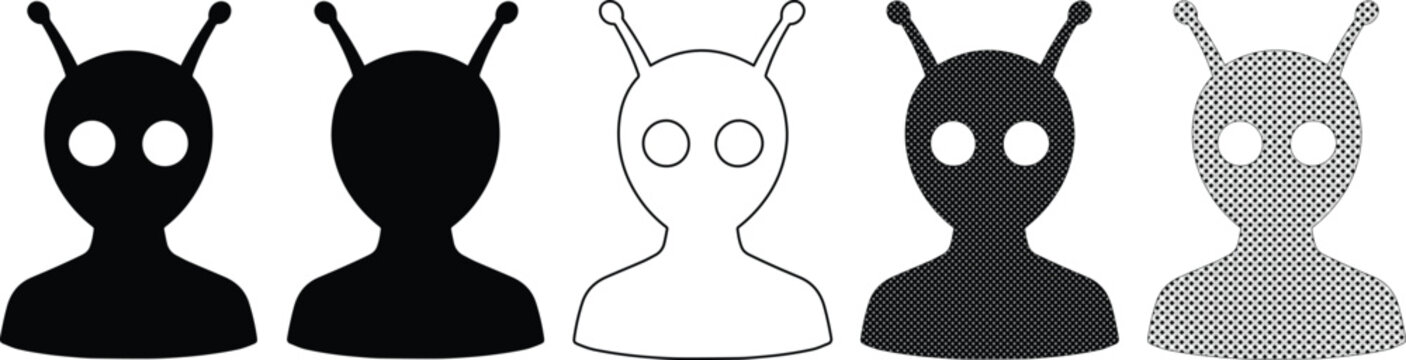 Alien head vector icons, extraterrestrial character silhouettes, space creature avatars. UFO humanoid symbols, science fiction graphic elements for user profiles and digital interfaces.