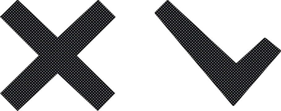 Checkmark and X Mark Vector Icons, Approval and Rejection Symbols, Correct and Incorrect Signs, Black Textured Graphic Elements for UI Design and Feedback