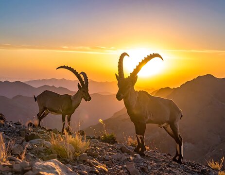 A serene mountain sunset scene featuring two majestic horned goats