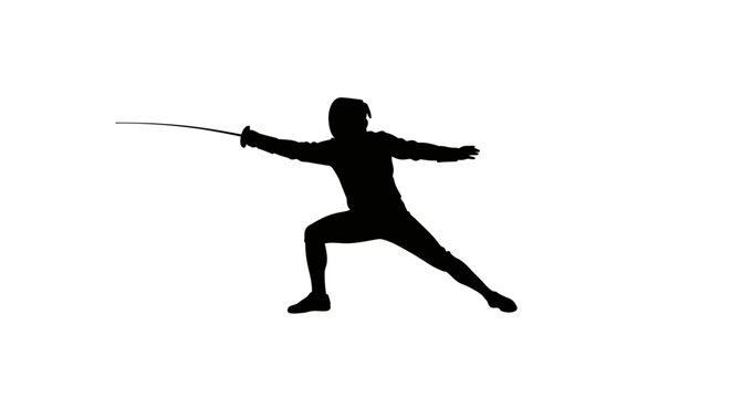 Silhouette of a fencer in action with sword, isolated on white background