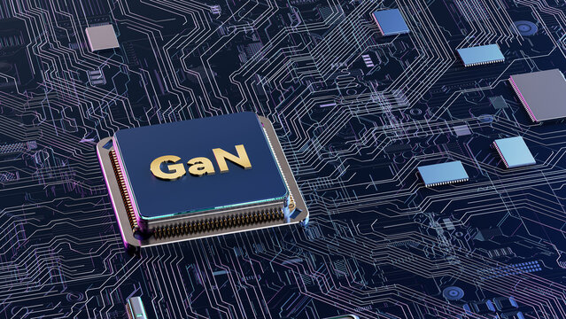 Realistic 3D render of gallium nitride GaN microchip with golden embossed text, placed on dark futuristic neon lit printed circuit board with scattered small surface mount electronic components
