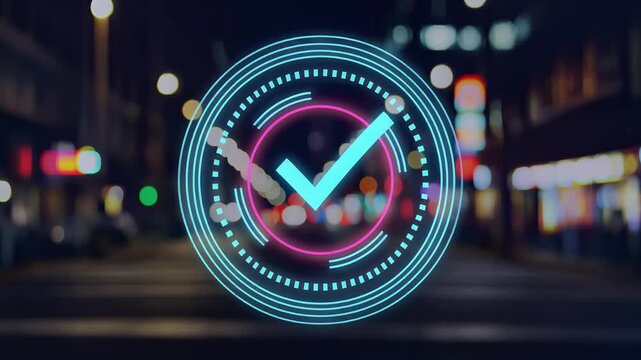 Luminous technology interface with glowing checkmark animation, superimposed over a bokeh city street at night, representing success, decision making, and digital confirmation