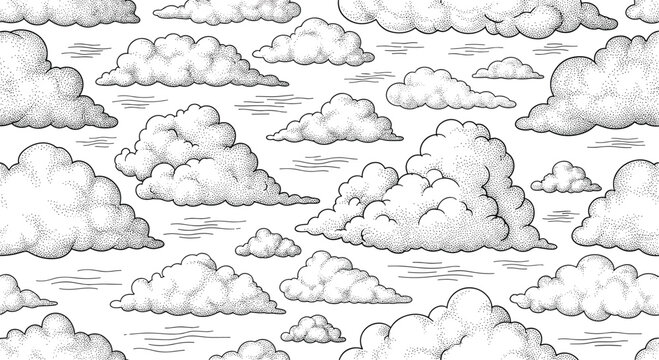 Serene seamless pattern of fluffy hand drawn clouds in a detailed stippled pen and ink style on a clean white background.