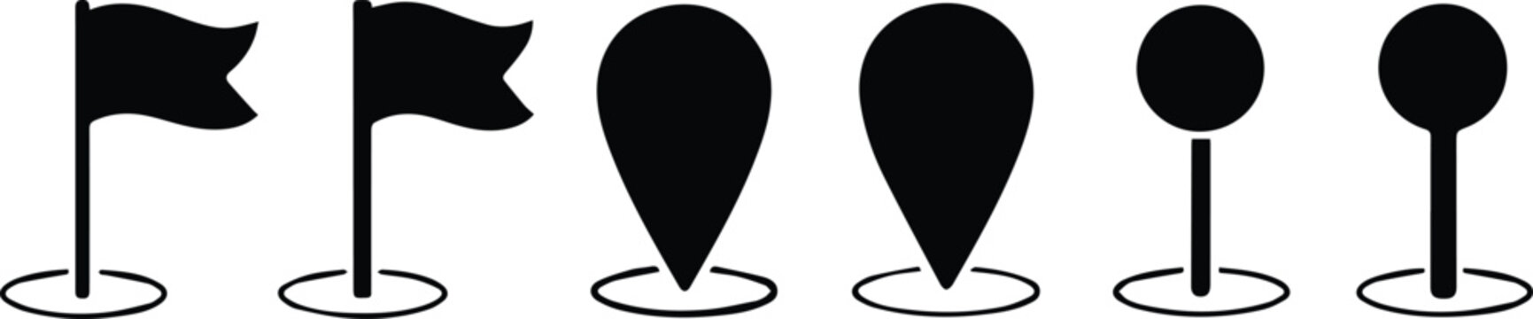 Black Location Pin and Flag Icons Vector Set. Modern Map Marker Symbols, GPS Navigation Pointers, and Destination Flags for Digital Interfaces and Web Design.