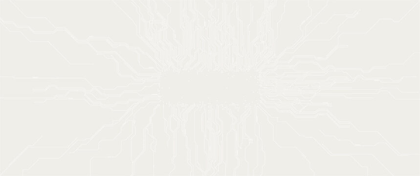 Abstract circuit board pattern with radiating digital pathways and microchip network design on light beige background for technology and AI concept