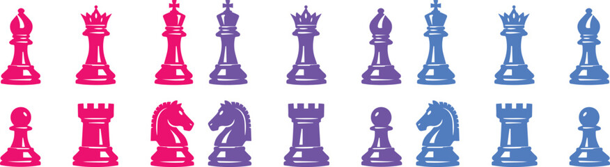 Vibrant Chess Pieces Vector Set. Modern Pink, Purple, and Blue Glossy Chess Icons. Strategic Game Elements for Board Games, Education, and Digital Design. © Farzana