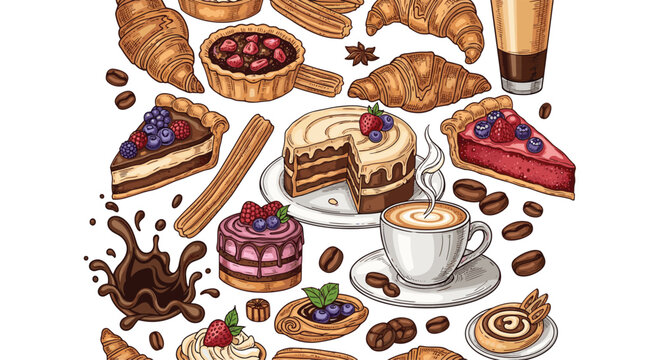 Collection of delicious sweet treats including croissants, fruit tarts, chocolate cake slices, and churros with a hot cup of coffee.