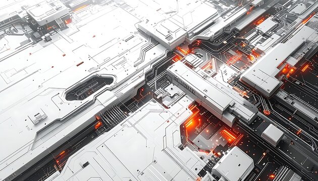 A futuristic gray metallic industrial area with glowing red lights