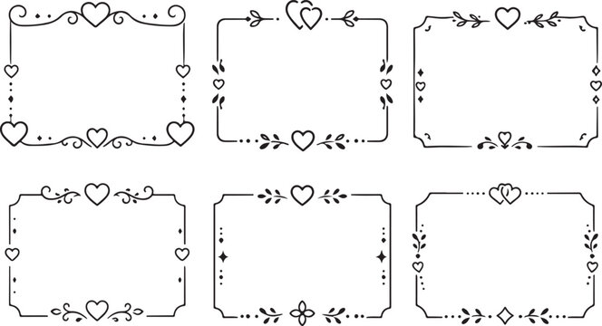 Romantic heart border and frame set, decorative wedding vector elements.black and white floral frames with hearts for Valentine's Day and invitations.Set of six elegant line art borders featuring hear