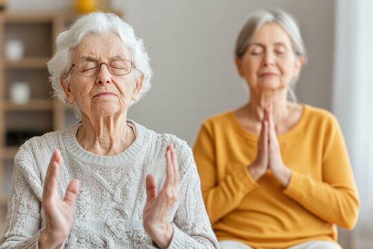 Caregiver practicing relaxation techniques with a patient in a home setting to alleviate symptoms of lewy body dementia