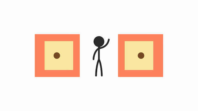 Stick figure person standing between two giant dice
