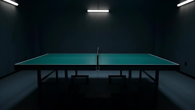 Ping pong table in dark room.
