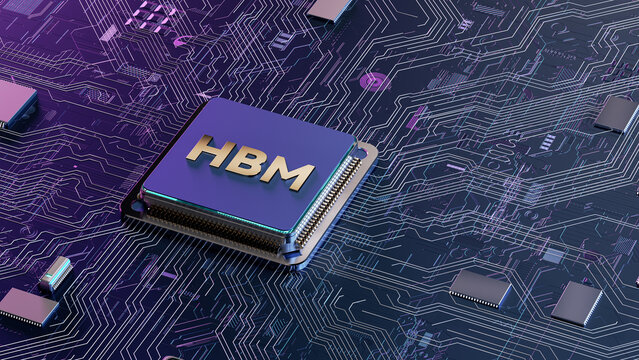 HBM high bandwidth memory 3D illustration digital asset ideal for artificial intelligence technology blog post, semiconductor industry presentation, tech website banner and related commercial marketin