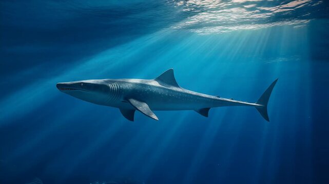 Majestic shark swimming in clear blue ocean depths, illuminated by ethereal god rays breaking through the water's surface, representing primal power, untamed nature, and oceanic mystery