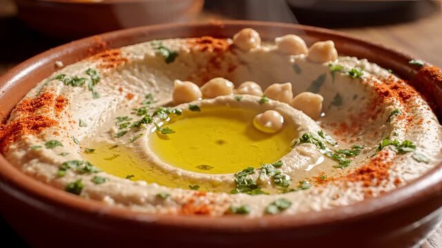 Delicious Hummus Bowl with Olive Oil and Chickpeas.