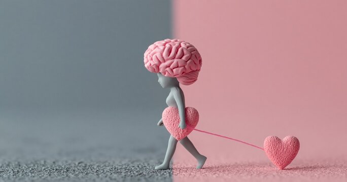 Brain and heart metaphor showing psychology concept of logic versus love emotions