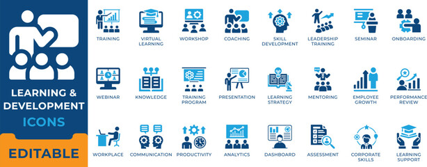 Learning and development icon set. Corporate training, skill development, virtual learning, coaching, mentoring, employee onboarding and leadership workshop vector symbols. © Mst Rafiya Akter