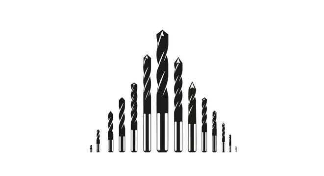 Collection of drill bits in various sizes arranged in a row on a white background
