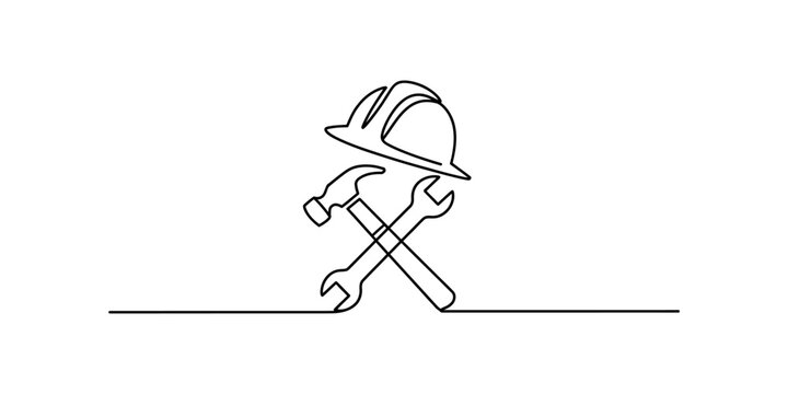 Continuous line drawing of a hard hat construction helmet with a crossed hammer and wrench representing industrial labor maintenance and repair work tools Vector, illustration