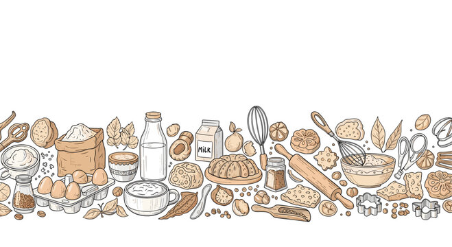 Horizontally repeating border featuring various baking ingredients like flour, eggs, milk, and tools like a rolling pin and whisk.