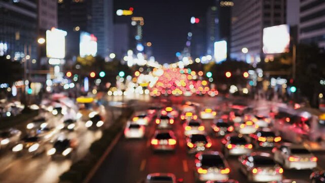 Breathtaking 4k cinematic high-angle view of night city traffic bokeh smooth moving lights high contrast shadows for professional moody advertisement