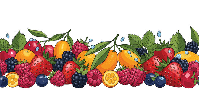 Colorful horizontally repeating border featuring a vibrant mix of strawberries, raspberries, blackberries, blueberries, and citrus fruits.