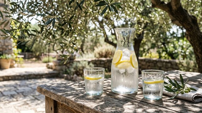 Refreshing lemon water in glasses and carafe on rustic table under olive tree shade
