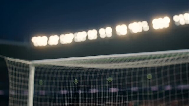 Soccer goal net under stadium lights.