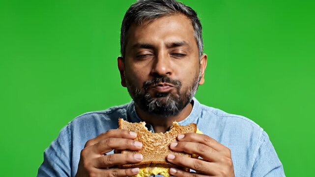 Man Enjoying a Delicious Sandwich on a Vibrant Green Background.