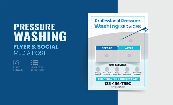 Professional Pressure Washing Flyer Template | Power Washing Services Social Media Post, Driveway Cleaning Business Poster, Advertising Banner Ad Design