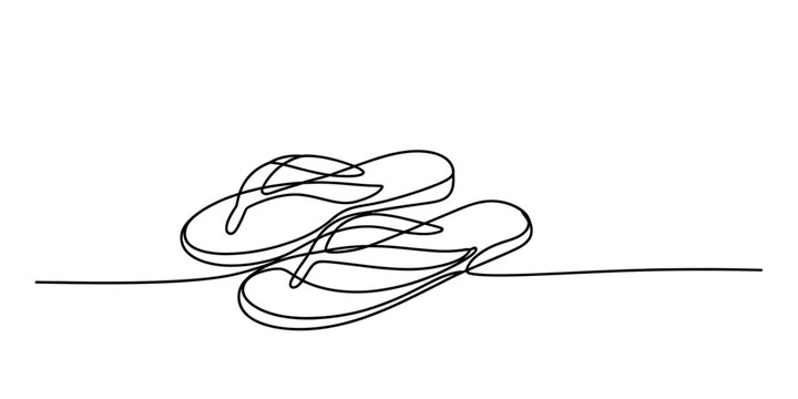 Continuous single line drawing of a pair of beach flip flop sandals for summer travel vacation and casual footwear fashion concept in a simple minimalist style Vector, illustration